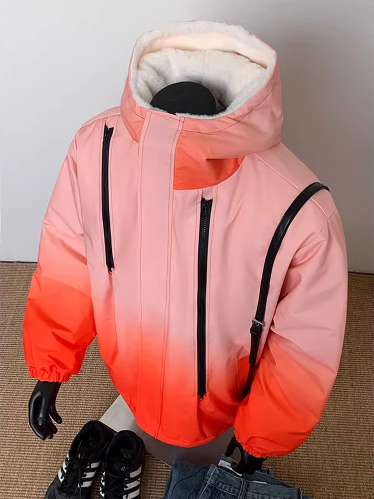 

Outdoor Tee-in-One Men's Winter Thiened Faux Rabbit Fur Jaet with Zipper Decorations Dyeing adient Color Hooded Cotto...