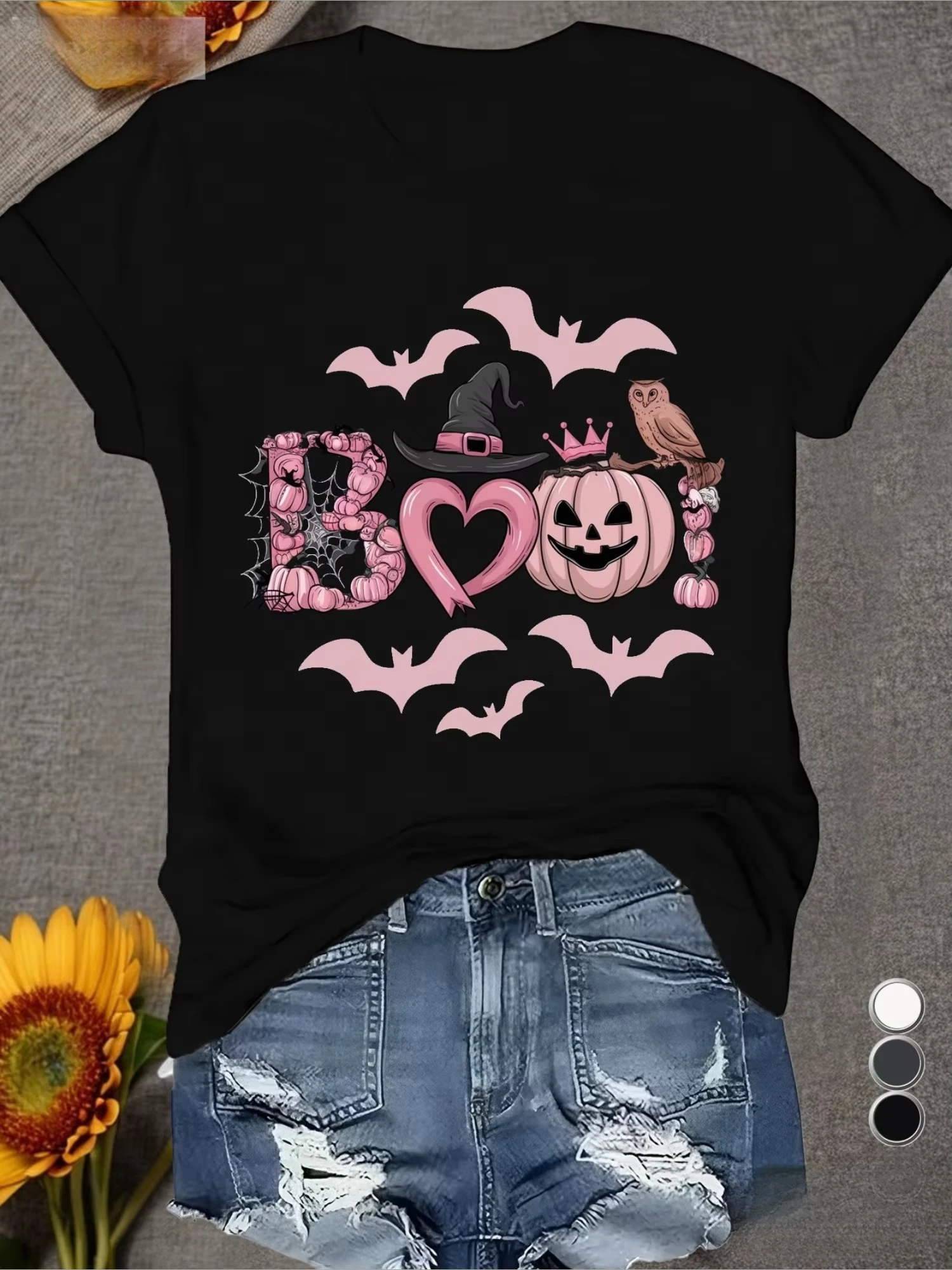AHalloween Boo Women's Sports Short Sleeve T-Shirt Black with Pink Halloween Graphics Bats Pumpkins Witch Hat