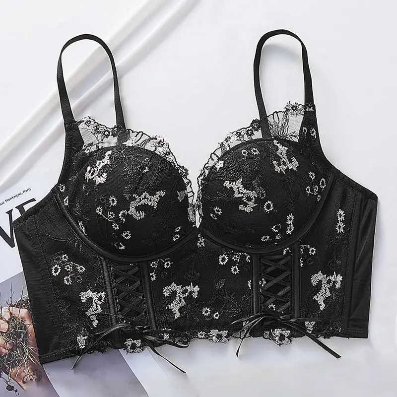 French Bra Sexy Embroidery Lace Push Up Bras No-wired Comfortable Underwear Women Bra Top Vest Underwear Gather Small Breast