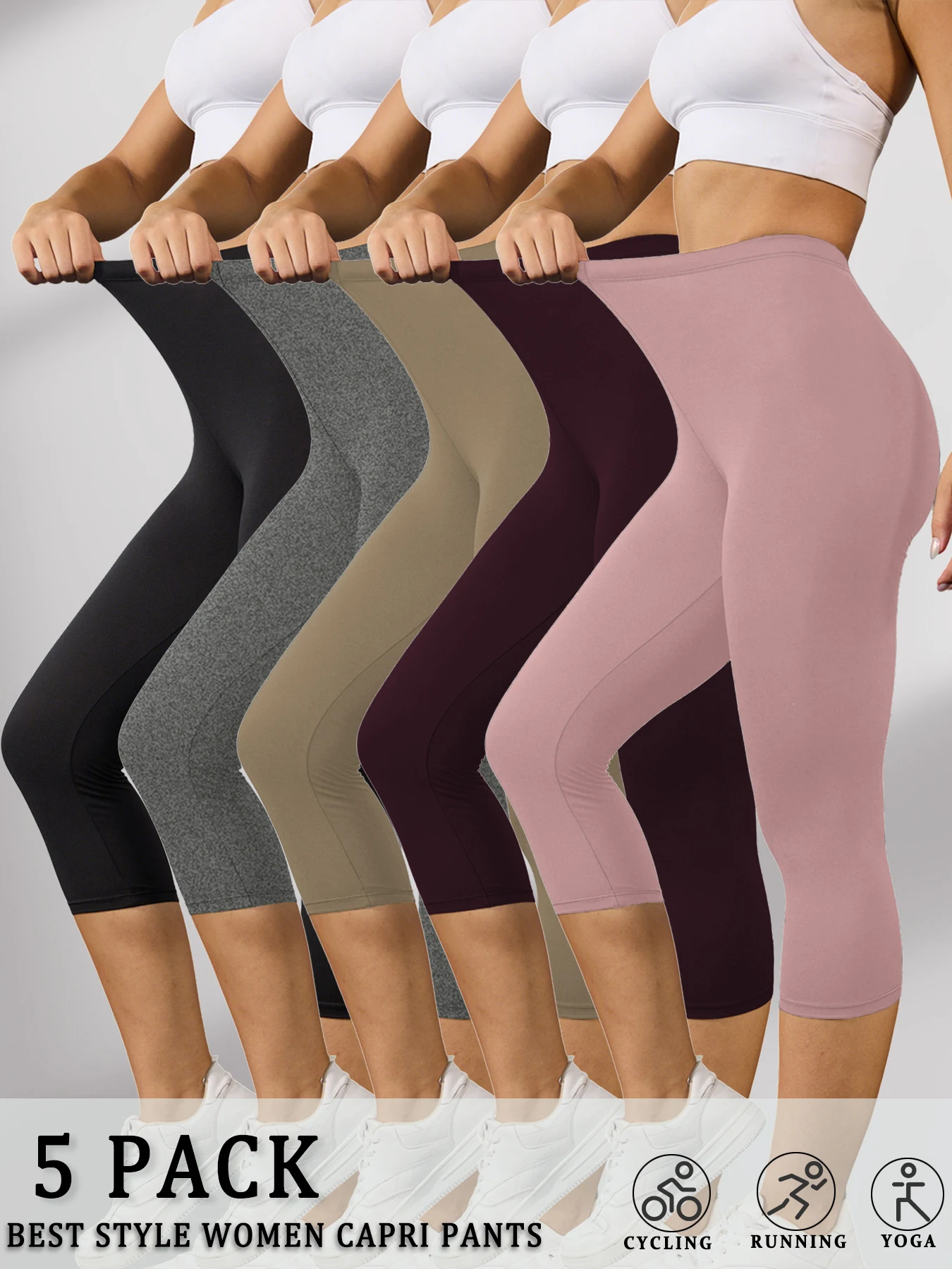 

5 Pack Women's Super Soft Capri High Stretchy Breathable Sports No See Through Workout Running Yoga Push Up Gym Fitness Leggings