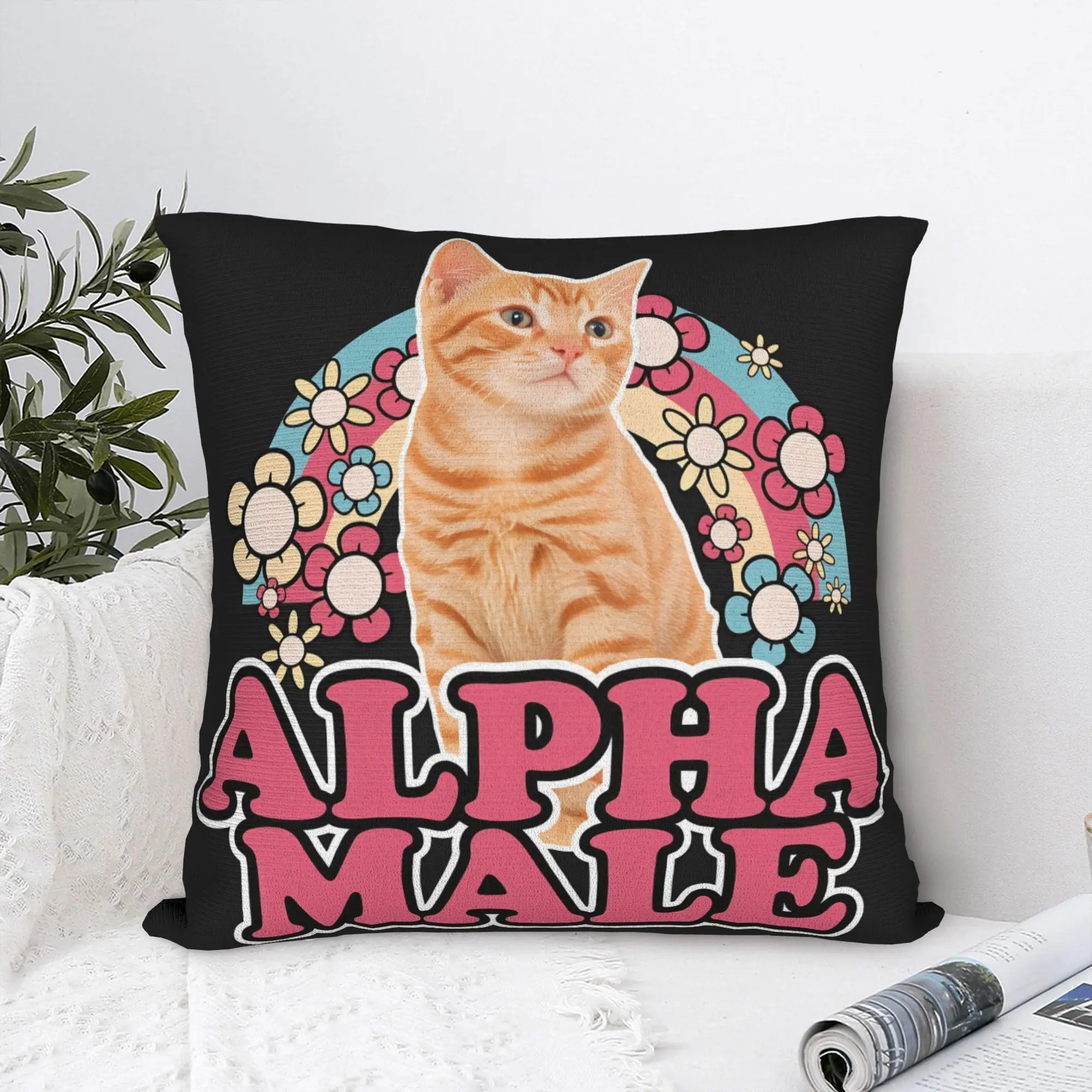 Alpha Male Cat Kitten Rainbow Floral Pillow Case  Custom Pillow Cover For Sofa Home Decor Kawaii Pillowcases