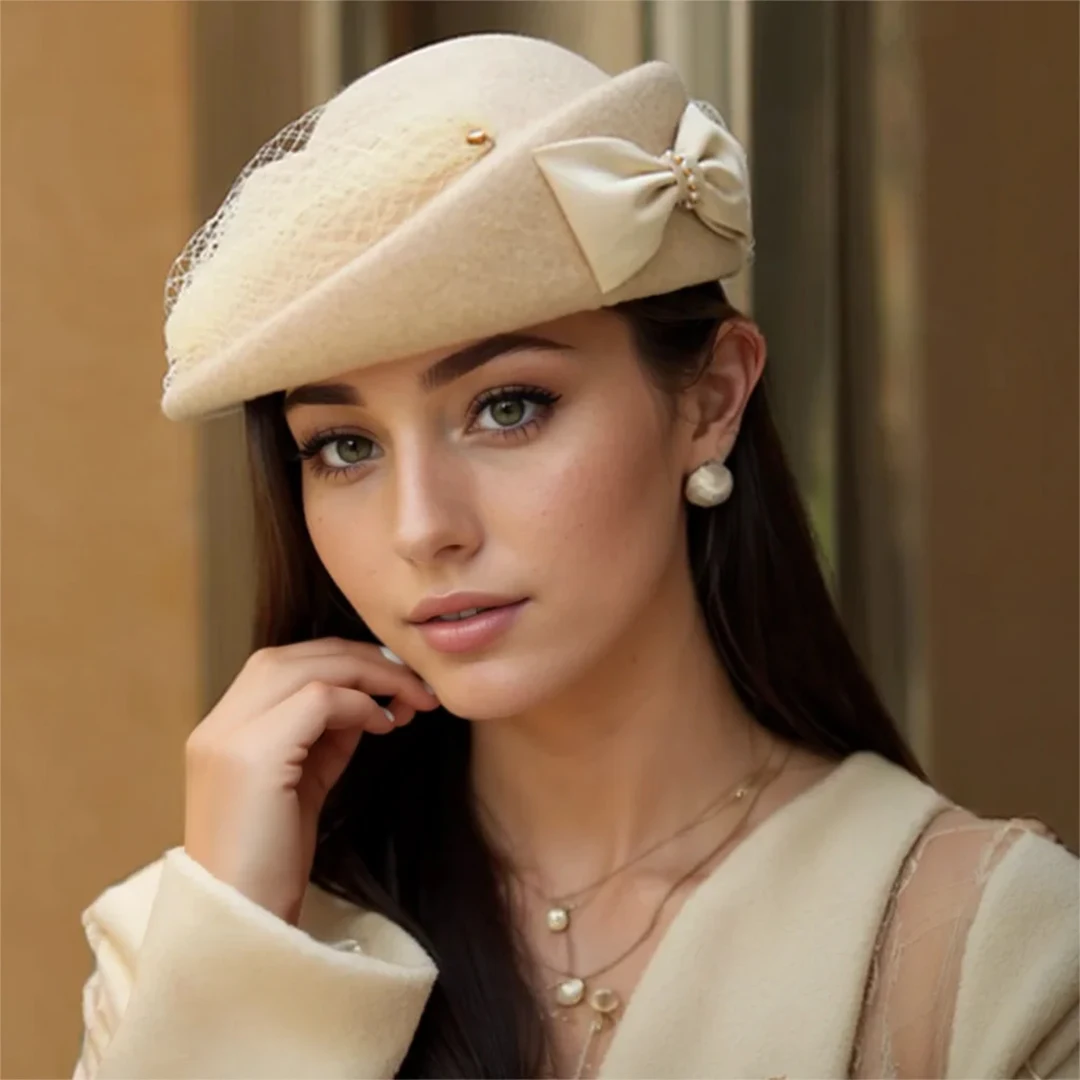 2026 Models Bow Beret Wool Fashion Hat Women's Autumn and Winter Felt Hat Party Gathering Mesh Dinner Hat