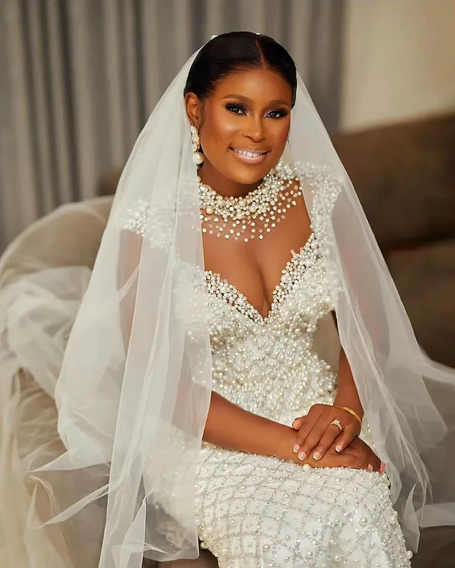 High End African Wedding Dress 2026 High Neck Pearls Beaded Illusion Long Sleeve Bridal Gowns Bride Dresses Vestidos De Noiva