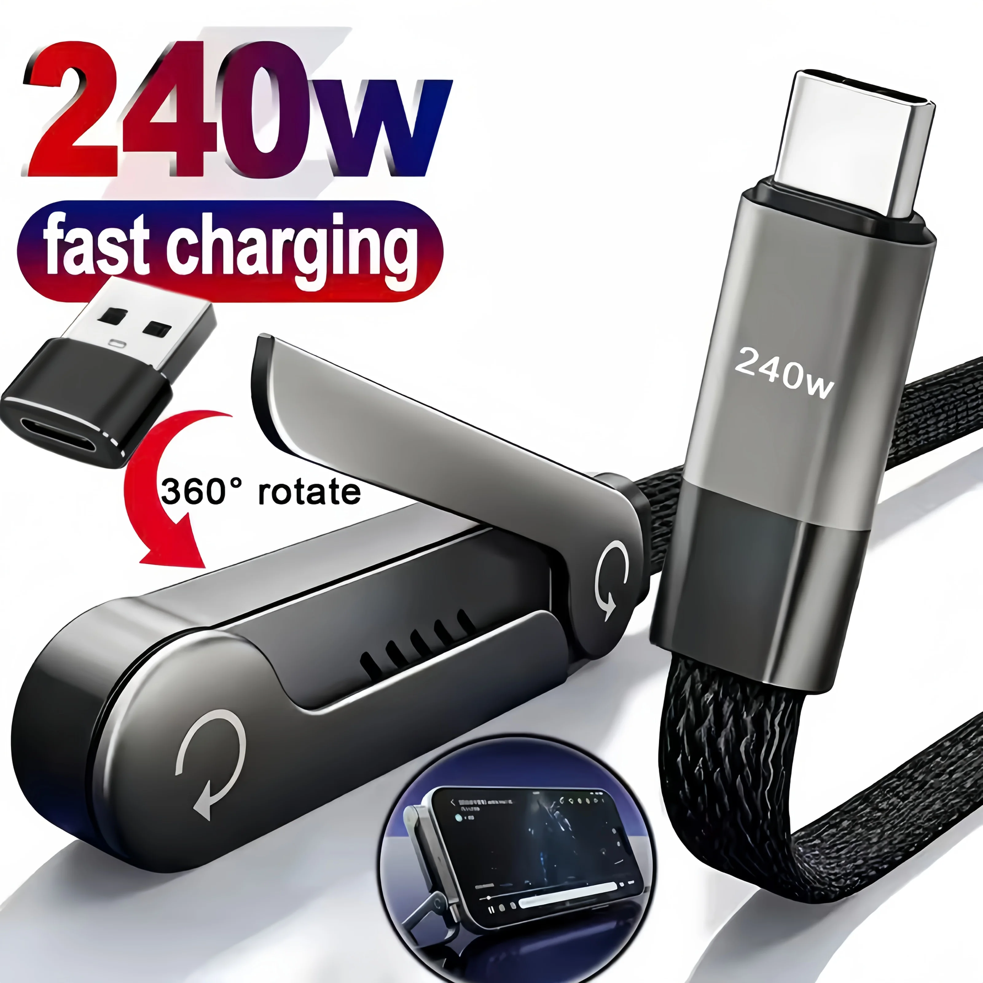 Foldable Charging Cable With Integrated Stand Fast Charging Cable Phone Tablet 240W Ultra-Fast Data Cable Phone Holder
