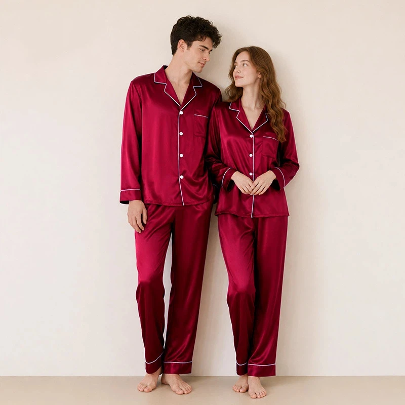 100% Mulberry Silk Couple Pajama Set 19/22 Momme Heavy Weight Notch Collar Long Sleeve Wedding Loungewear Two Piece Sleepwear PJ