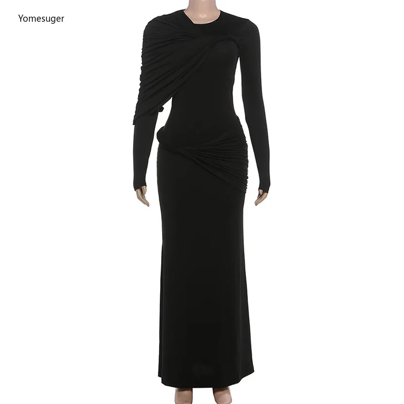 Yomesugar-Vestido largo de retales con pliegues irregulares para fiesta de año nuevo, ropa de discoteca, vestidos ceñidos elegantes de manga larga con cuello redondo 2026