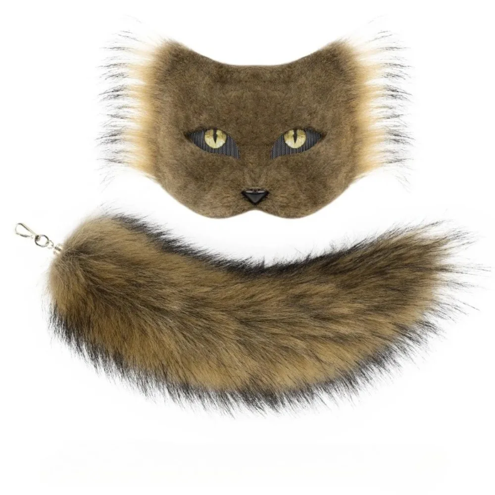 Halloween Party Festival Half-Face Cat Mask Personalised DIY Animal Mask Cosplay Plush Tail Beast Tail Dance Party Accessory