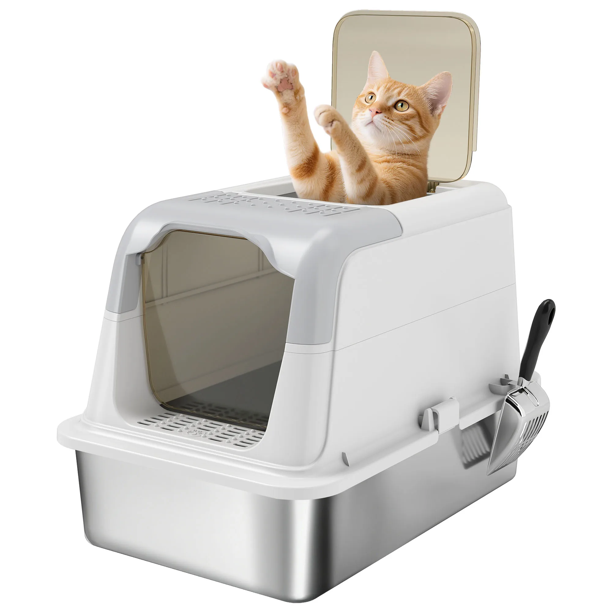 PawHut Maison de toilette pour chat bac à litière fermé en acier inoxydable, anti-traces et anti-fuites, nettoyage simplifié, pour grand chat, supporte 7 kg, 60,4 x 40,4 x 41,8 cm, blanc et gris