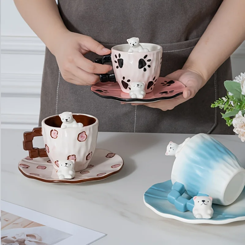 1 Pcs New 3D Polar Bear Ceramic Coffee Glass And Saucer Set With Ice Cube Handle Cute Christmas Gifts For Children Dropshipping