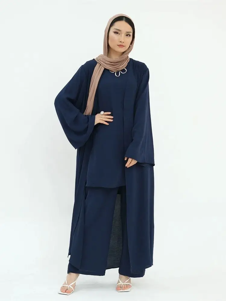 Eid Dubai Plain 3 Piece Abaya Set Tops Pants Modest Muslim Sets Abayas For Women Robe Caftan Marocain Femme Musulmane Kaftan