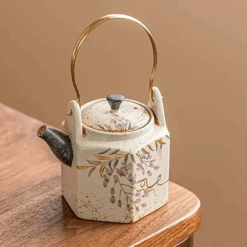 174ML Blue and White Flint Red Hexagonal Beam Pot Ceramic Small Teapot Gold Painted Wisteria Flower Single Pot Kung Fu Tea Set