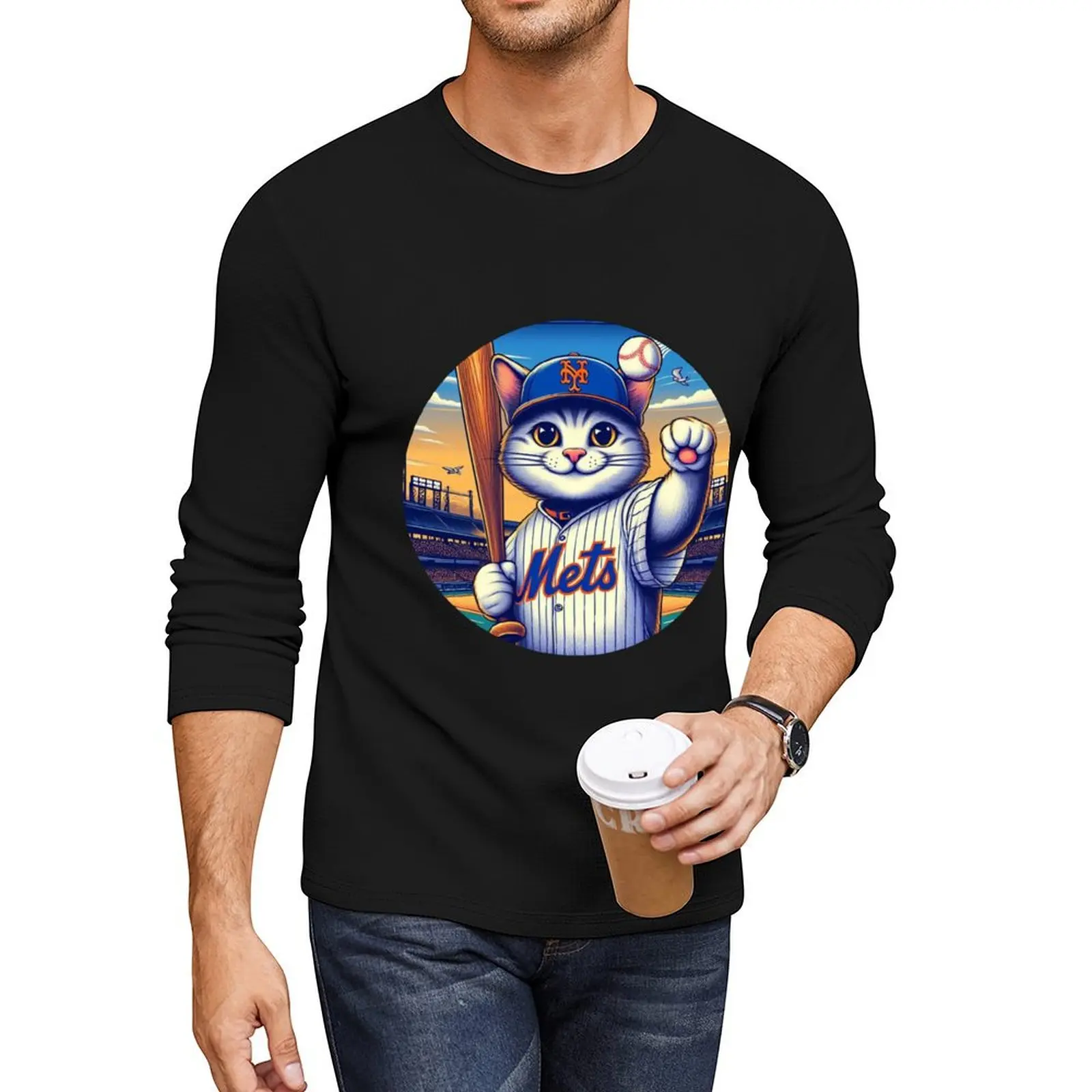 

NY Mets Cat Long T-Shirt tops quick-drying t-shirt Men's cotton t-shirt