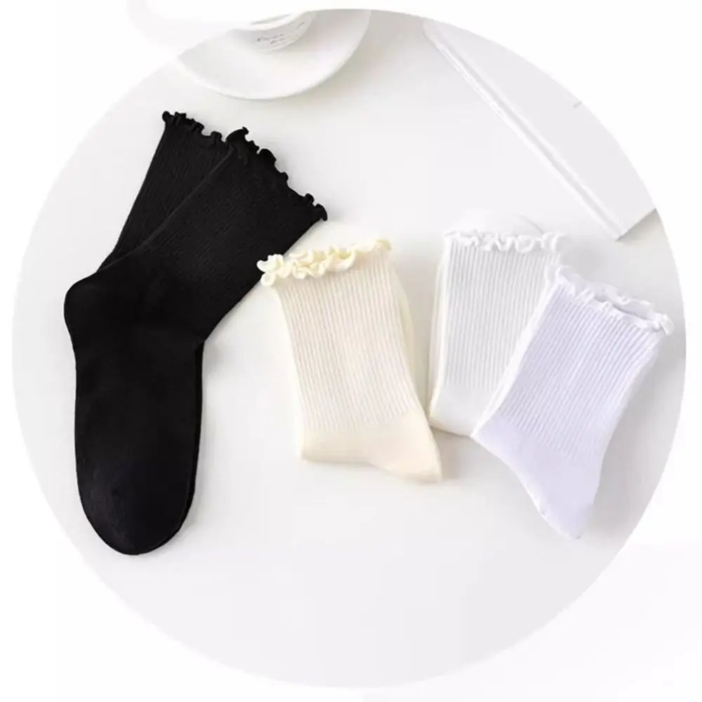 Cute Solid Color Women Ruffle Socks Comfortable Cotton Stack Socks Breathable Medium Tube Sock