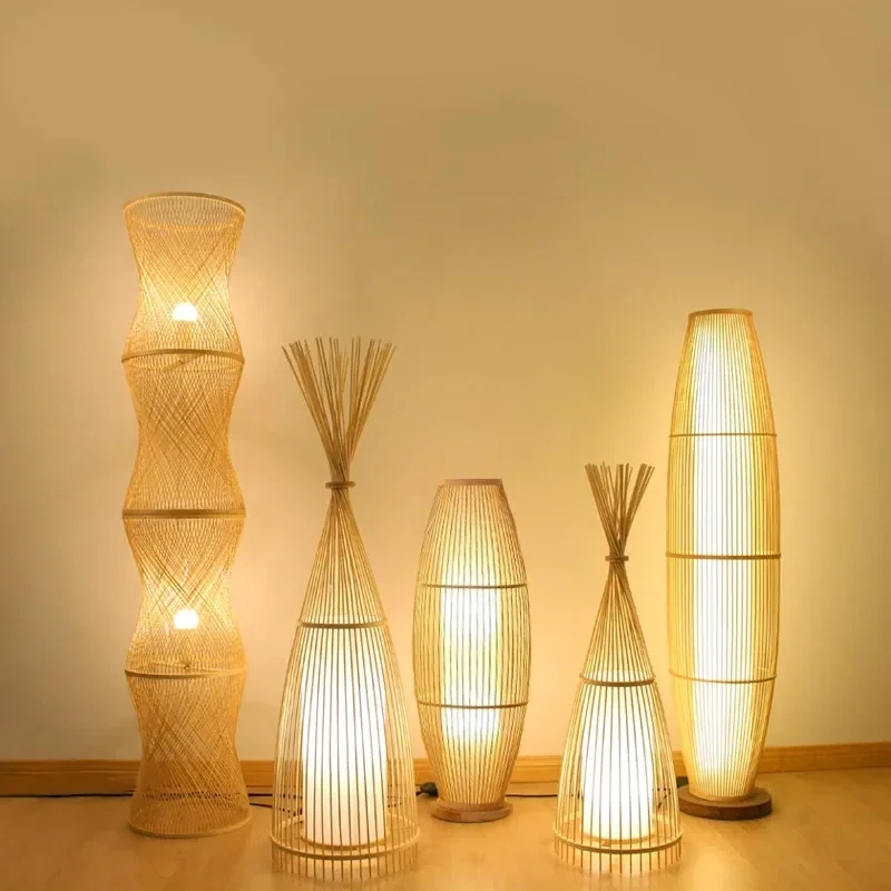 Handmade Bamboo Floor Lamp Led Floor Lamps for Living Room Tea Room Bedside Bedroom Standing Lights Home Decoration