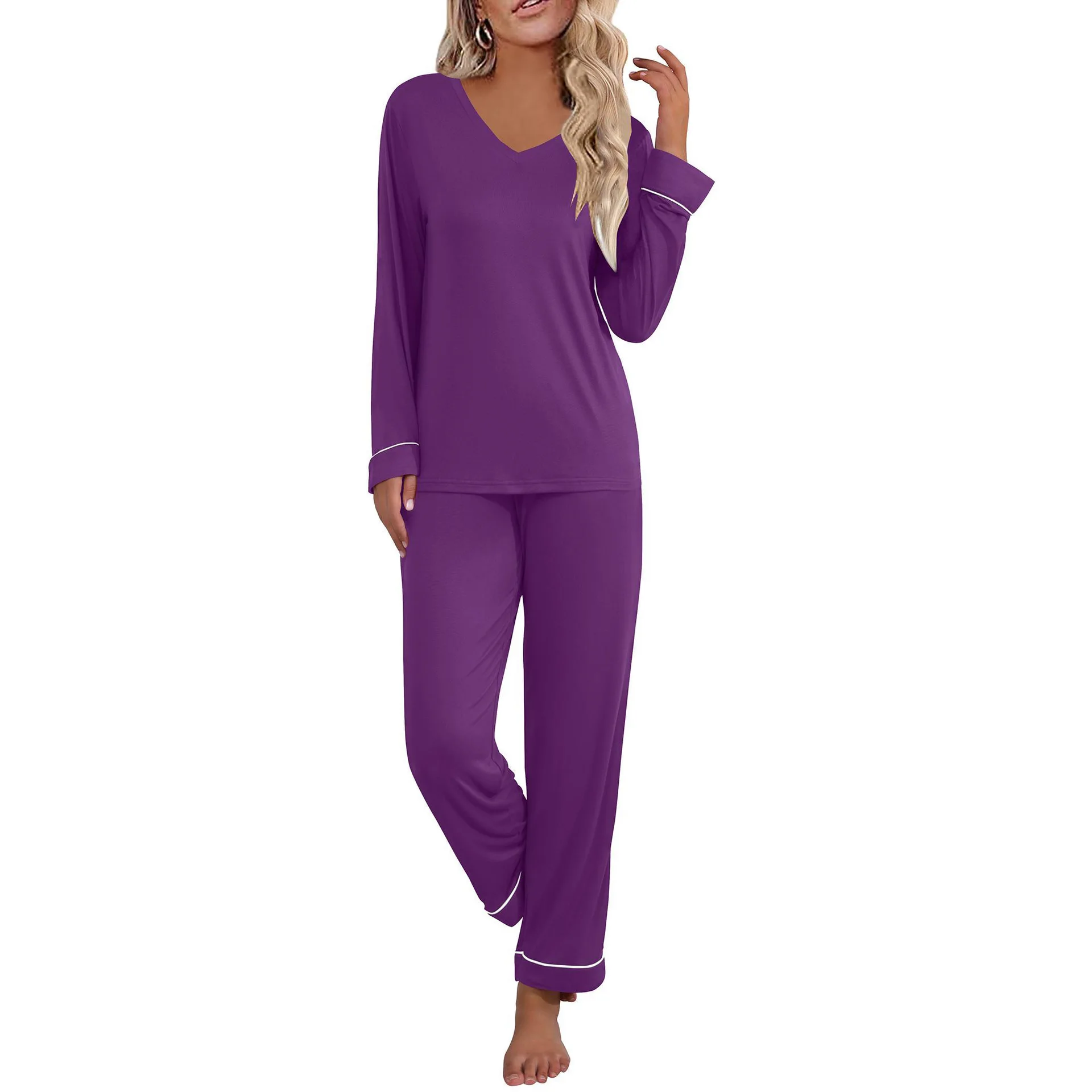 Krismile Spring Autumn Pajama Sets for Women 2025 New V Neck Long Sleeve Pullovers Soft Pants Ladies Sleepwear Loungewear