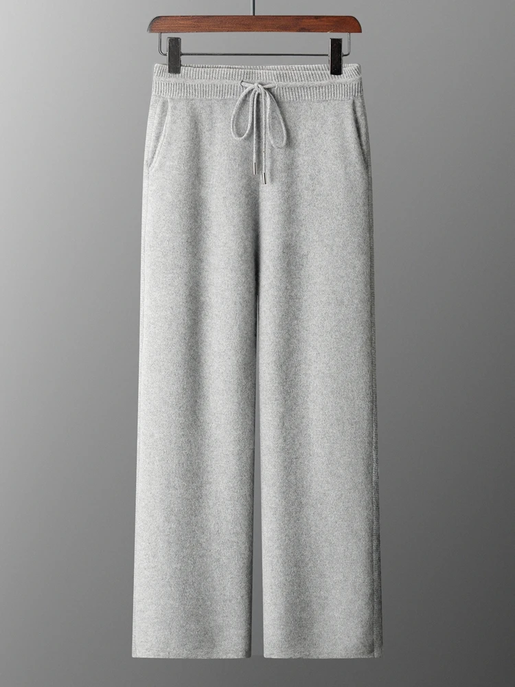 

MEETCC Men's 100% Cashmere Wide Legs Pants Autumn Winter Simple Style Thick Warm Chic Casual Trousers Elastic Waist Knitted Pant