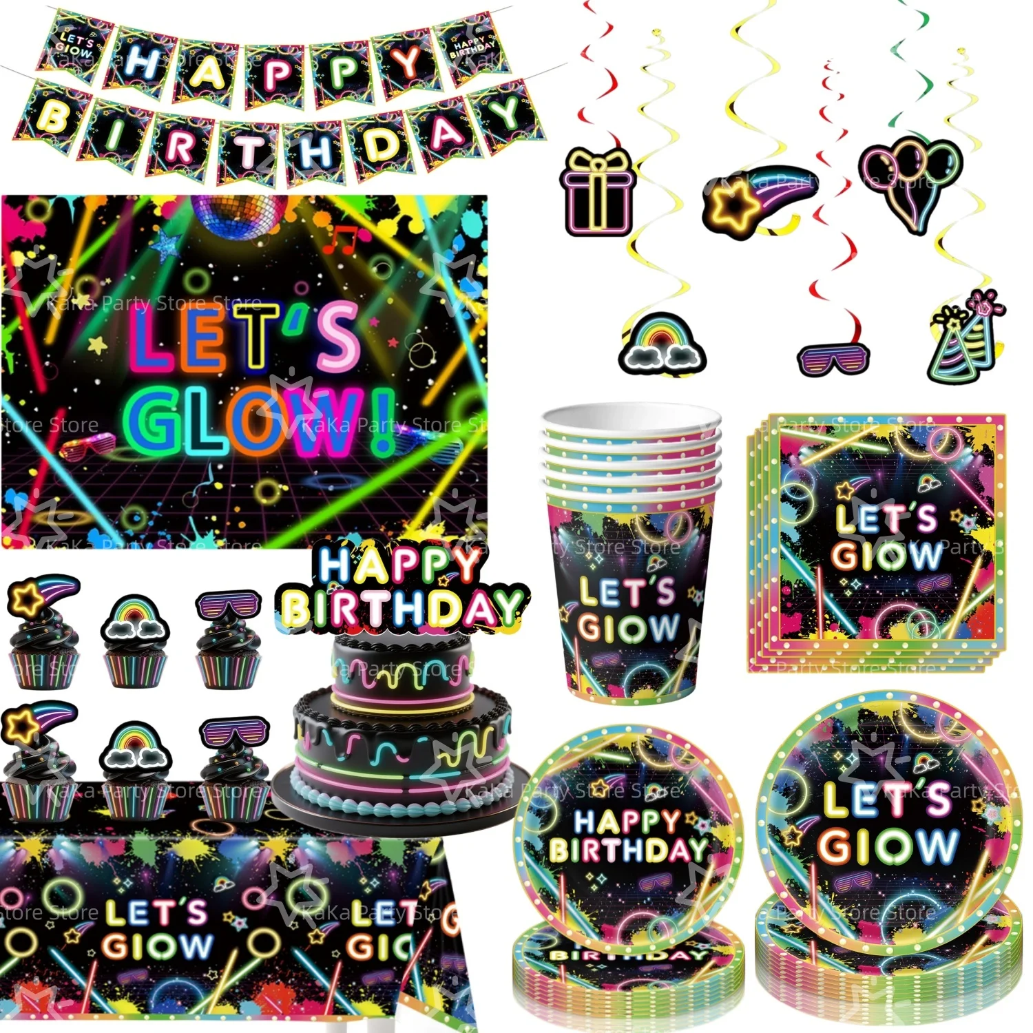 Neon Glow Happy Birthday Party Supplies Tablecloth Cup Plate Napkin Backdrop Baby Shower Neon Glow In The Dark Favors Decoration