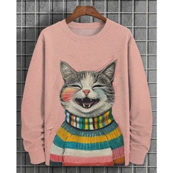 Camiseta de manga larga con estampado de gato para hombre y mujer, Sudadera con capucha de gran tamaño, jersey de cuello redondo, ropa de moda Unisex, otoño