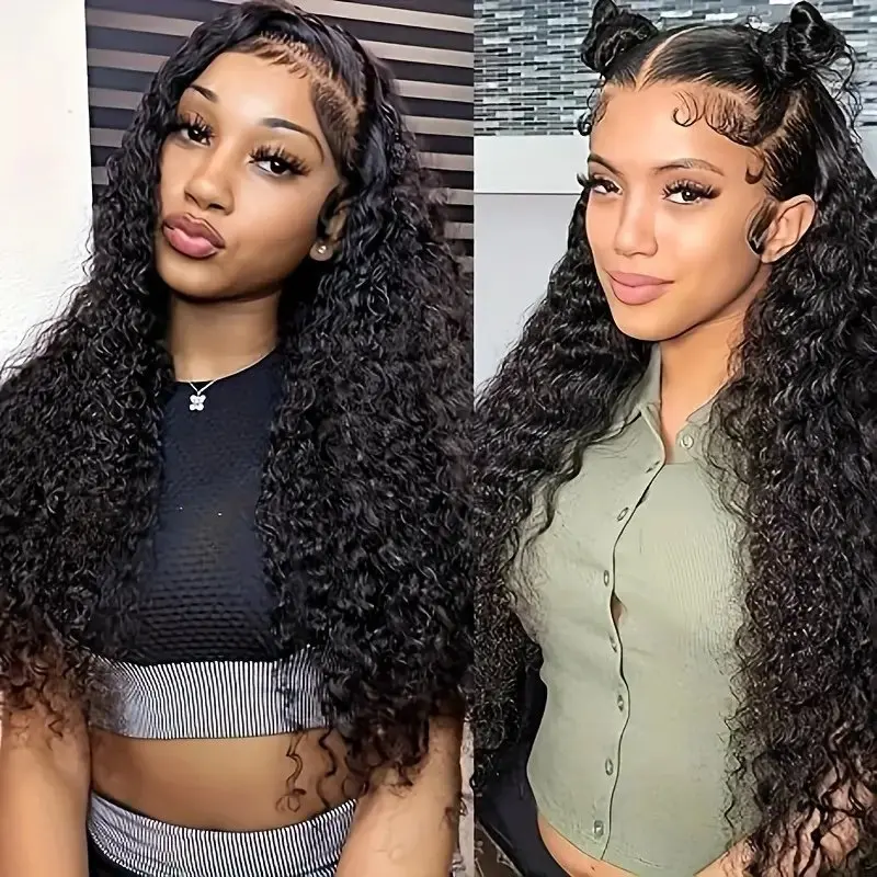 Glueless Curly Frontal peruca de cabelo humano para mulheres, perucas de onda profunda, preto natural, 13x4 Lace Front, onda profunda, 150%, 18 40 Polegada