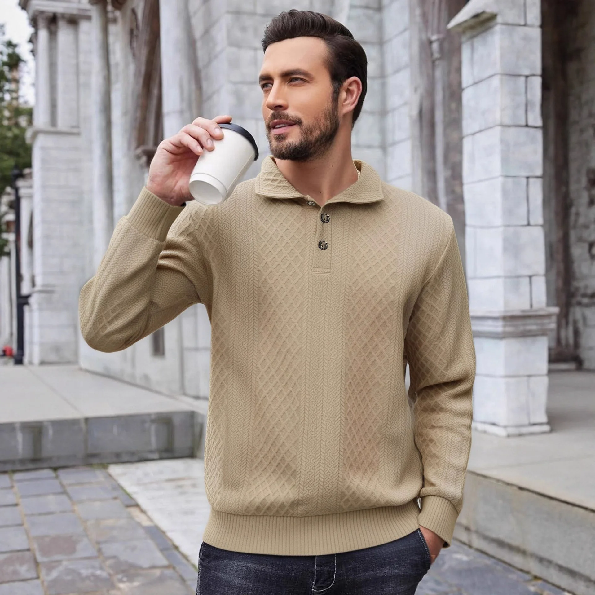 قميص رجالي 2025 بأكمام طويلة فضفاض وطية صدر السترة من قماش الجاكار بلوفر مغزول مع أزرار وسحابات لخريف وشتاء #4