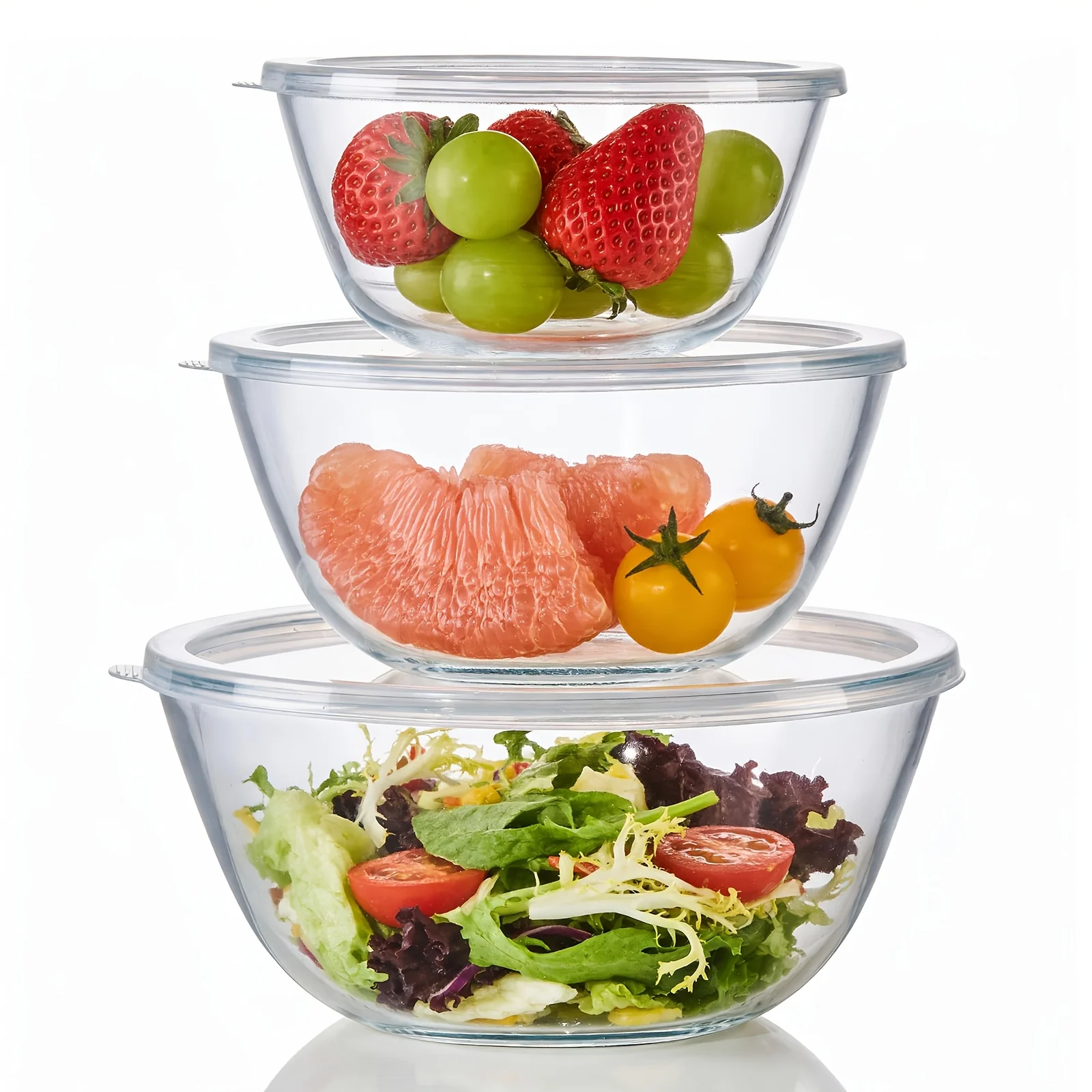 

3-Piece Glass Mixing Bowl Set with Lids – 4.68 QT, 2.89 QT & 1.1 QT Sizes | Oven-Safe (Preheated), Microwave-Safe, Dishwasher-Safe & Freezer-Safe | Ideal for Salads, Baking & Everyday Cooking