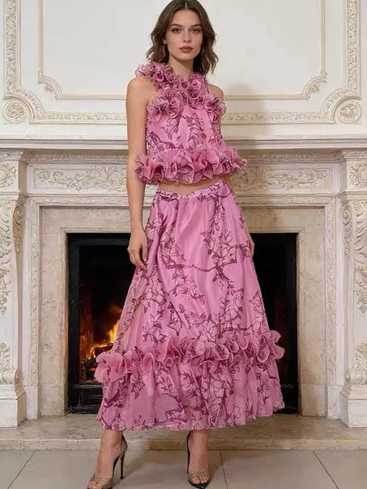 Printed two-piece sleeveless three-dimensional flower neck short coat summer new+high waist skirt wooden ear holiday women's sui