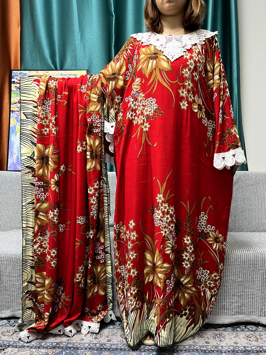 Muslimische Abayas für Frauen 2024 florale Baumwoll spitzen applikationen lose Femme Robe afrikanische traditionelle Kleider mit großem Schal Schal