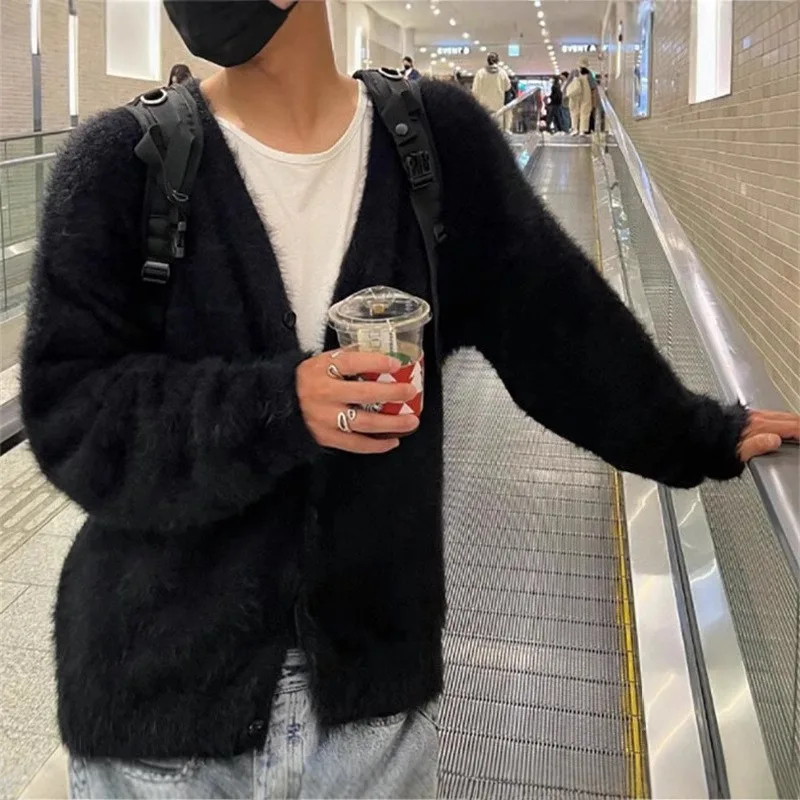Hot Koop Van Het Seizoen Herfst Winter Verdikte Luie Mode Nertsen Gebreide Open Vest Mannen Losse Zwarte Trui Jas V-hals W