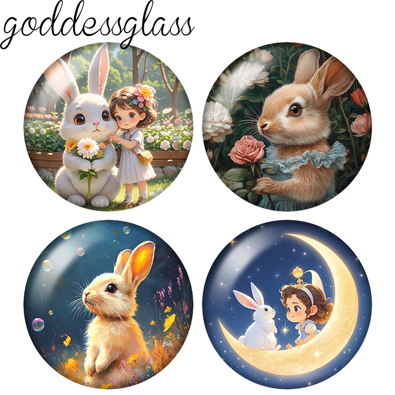 Cute Rabbit Flowers Girl Moon Easter Day 10pcs 12mm/18mm/20mm/25mm Round Photo Glass Cabochon Flat Back Making Findings Jewelry