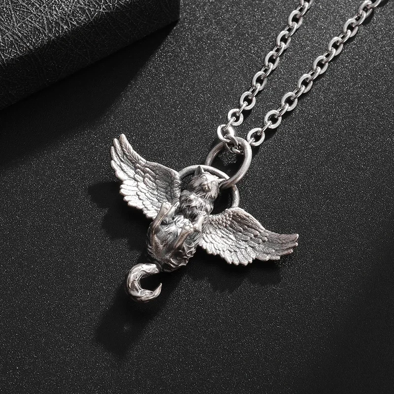 Retro Silver Plated Cute Pet Cat Wings Animal Pendant Necklace for Men Women Personalized Fashion Jewelry Couple Gifts