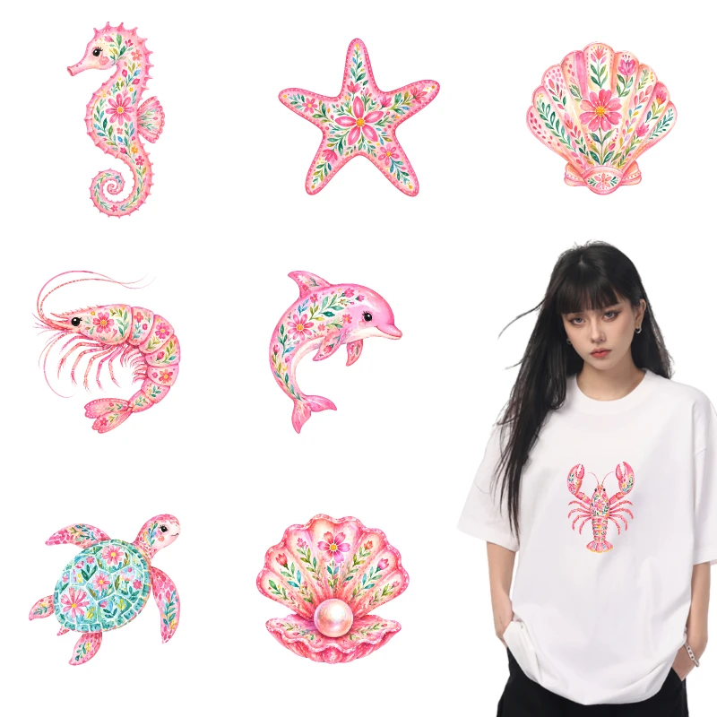 2PCS Floral Sea Creatures Pattern Print iron on patches DTF Patches for clothes Iron-on transfers for clothing heat transfer