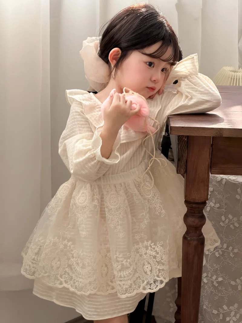 2026 Spring New Children Long Sleeve Dress Girls Splicing Lace Dress Cotton Baby Girl Cute Sweet Princess Dress Kids Clothes
