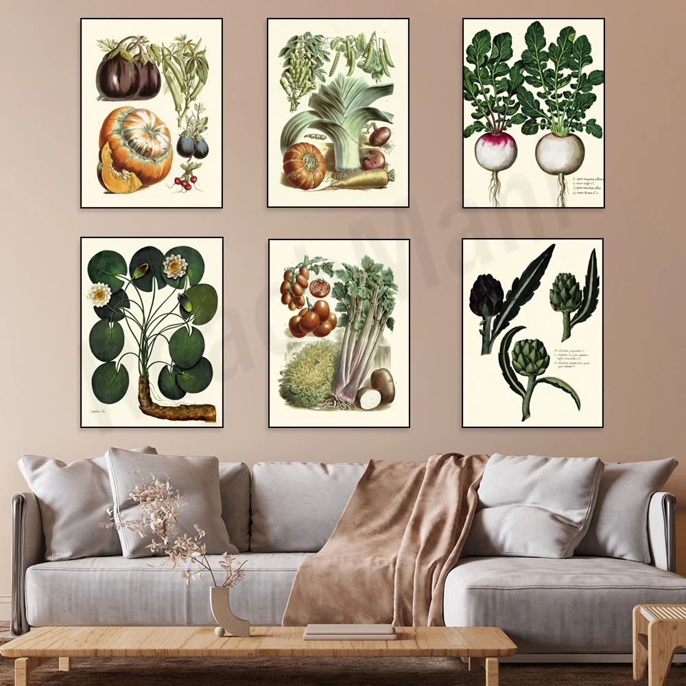 Retro-style garden plants: radishes, artichokes, cauliflower, sunflowers, cabbage, Brussels sprouts, beets; kitchen poster