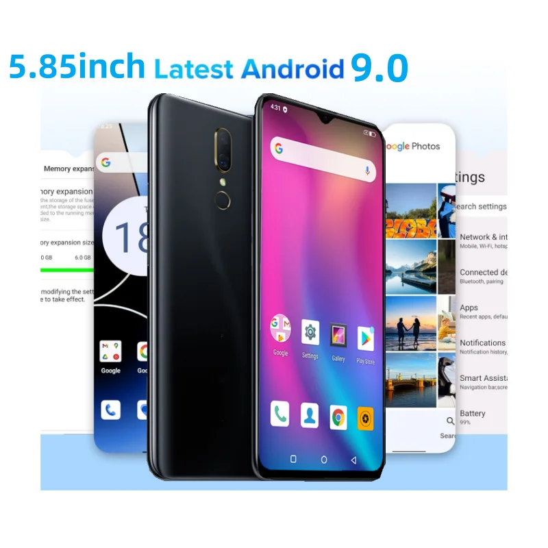 Telefone chamada dispositivo com TPU caso, 3GB de RAM, 64GB ROM, Android 9.0, MT6765 Octa-Core, 2x slot para cartão SIM, 1520*720 Pixels