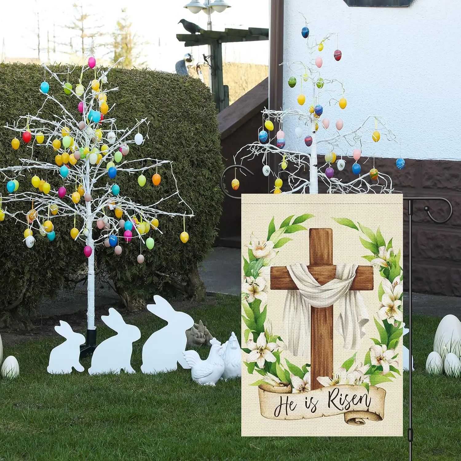 Easter Garden Flag 12 x 18 Inch Double Sided Burlap for Outside, He is Risen Religious Cross Lily Spring Easter Yard Outdoor GGO