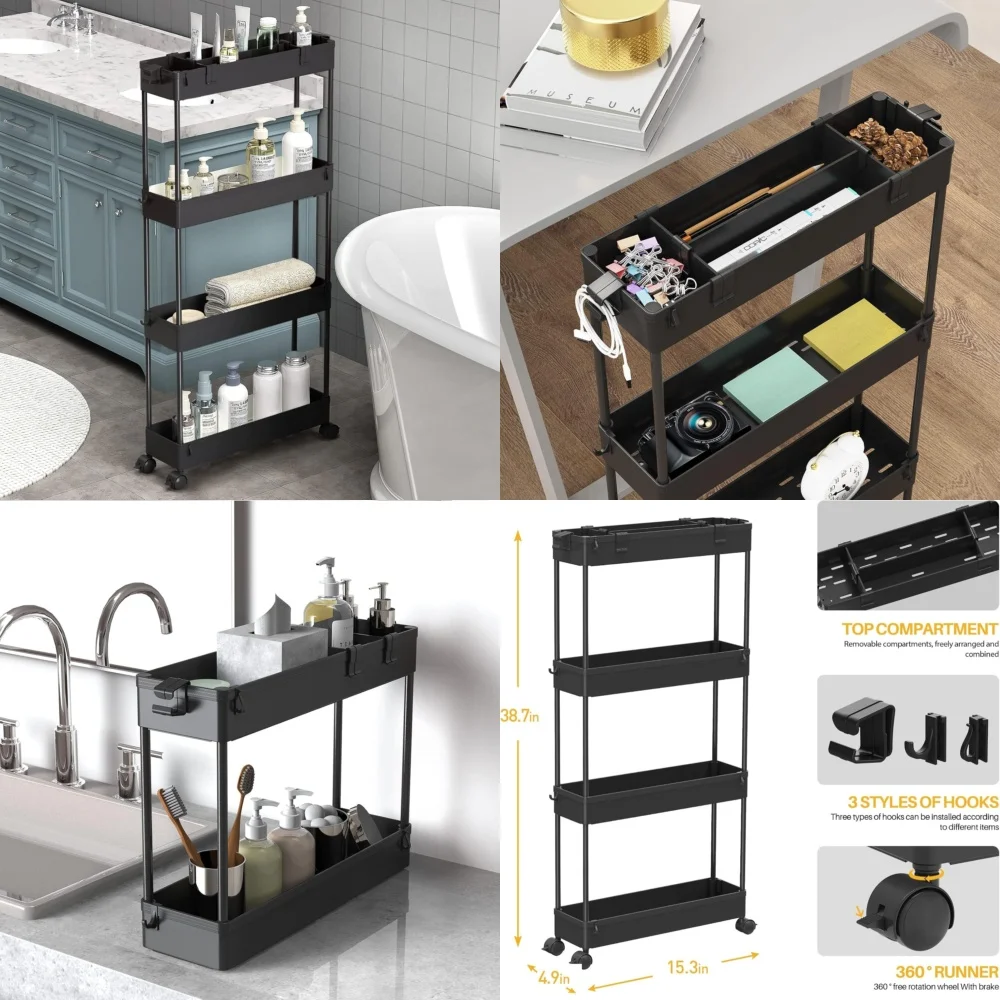 

Slim Storage Cart 4 Tier Rolling Utility Organizer with Wheels Bathroom Kitchen Bedroom Space Saving Mobile Shelving Unit Modern