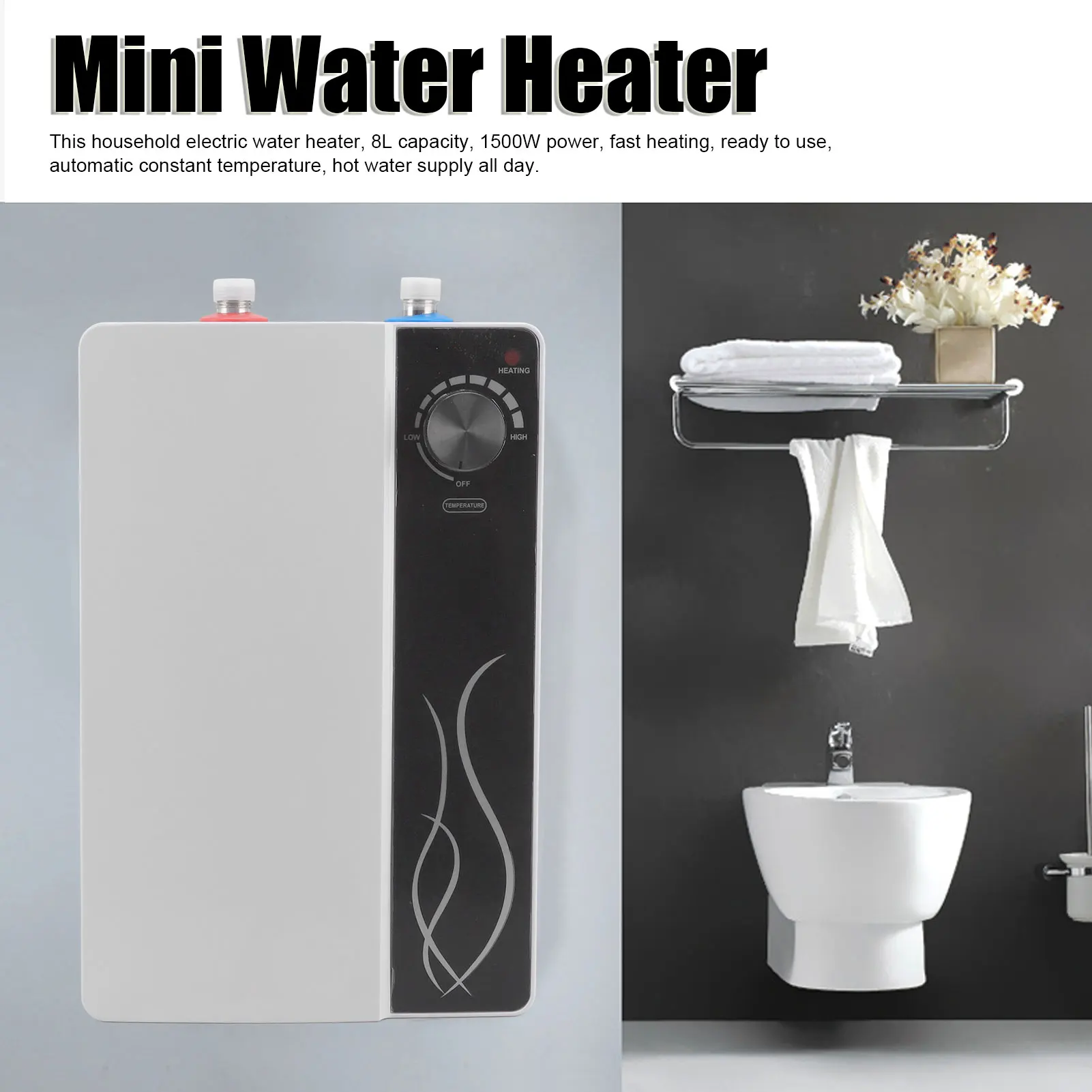 

8L Electric Mini Tank Water Heater Electric Hot Water Heater with Upper Water Outlet for Kitchen EU 220V White Black