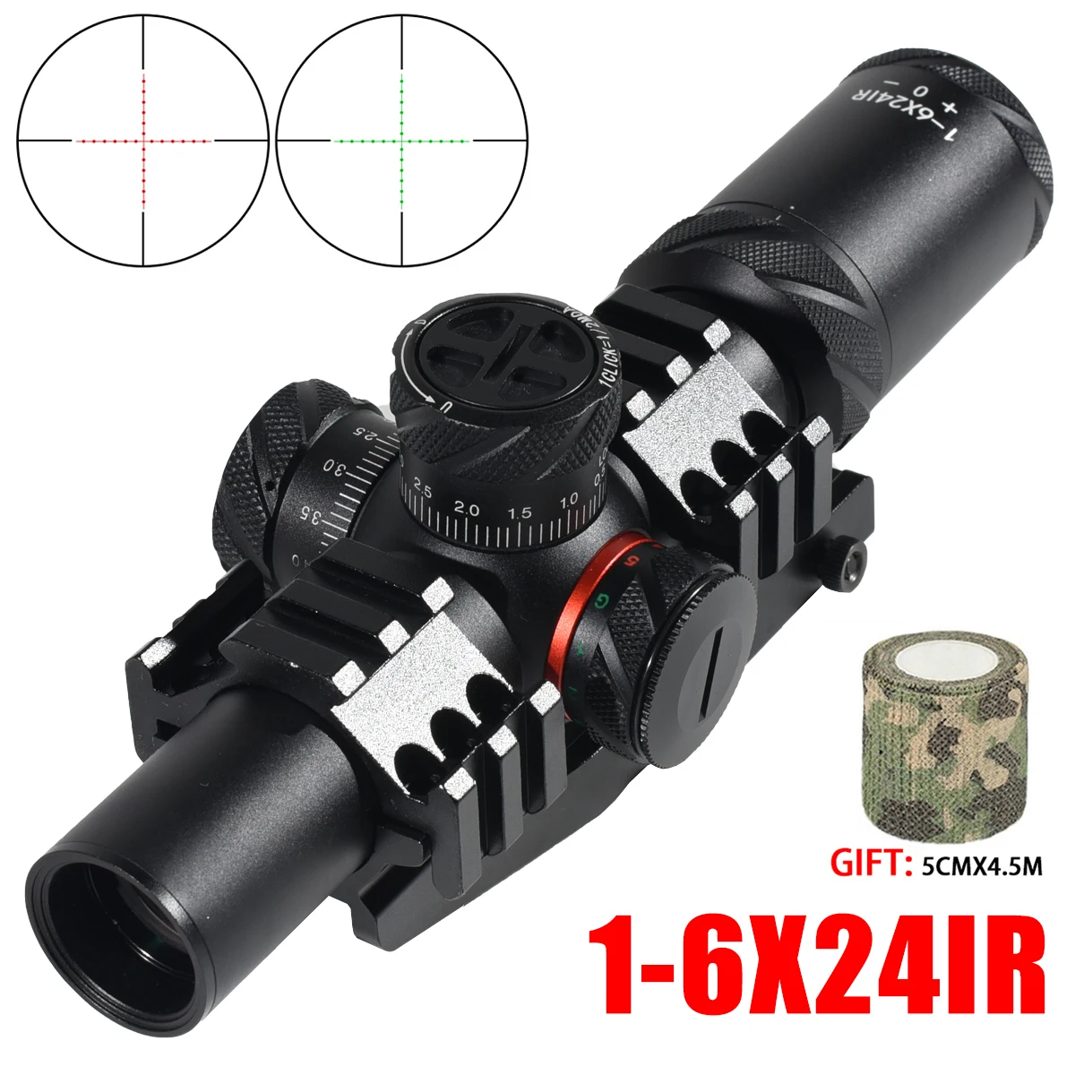 1-6x24IR Tactical Scope Optics Sight Red Green Cross-Hair Reticle Riflescope for Airsoft / Hunting Rifle 11mm/20mm Rail Mount