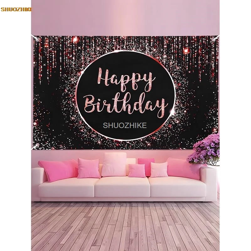 

SHUOZHIKE Pink Black Gold Happy Birthday Backdrop Glitter Balloon Boys Girls Party Balloon Sparkle Photo Studio Background JC-07