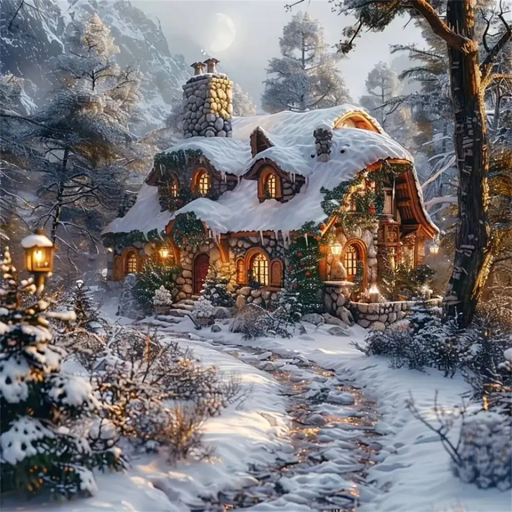 5D DIY Diamant-Stickerei Haus-Mosaik Winterlandschaft Vollrunde Diamantmalerei Winter-Feiertagsgeschenke