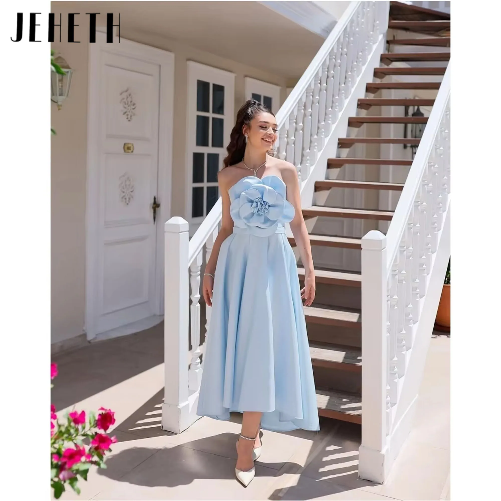 

JEHETH Satin Cloth Prom Clothes Wedding Evening Dress Woman Sleeveless Prom Dresses Luxury Ball Dress Flowers Customized
