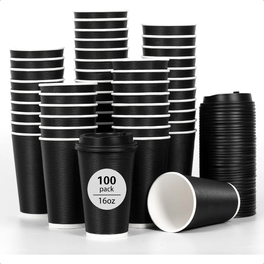 

16oz Insulated Black Coffee Cups with Lids 100 Pack To Go Coffee Cups for Hot Drinks Leak Proof Design Ideal for Cafes Offices