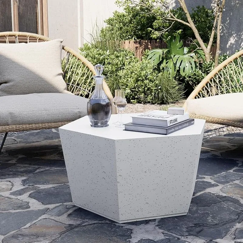 28-inch Outdoor Patio Coffee Table, Hexagon Concrete Coffee Side Table for Outdoor Patio, Gardern, White