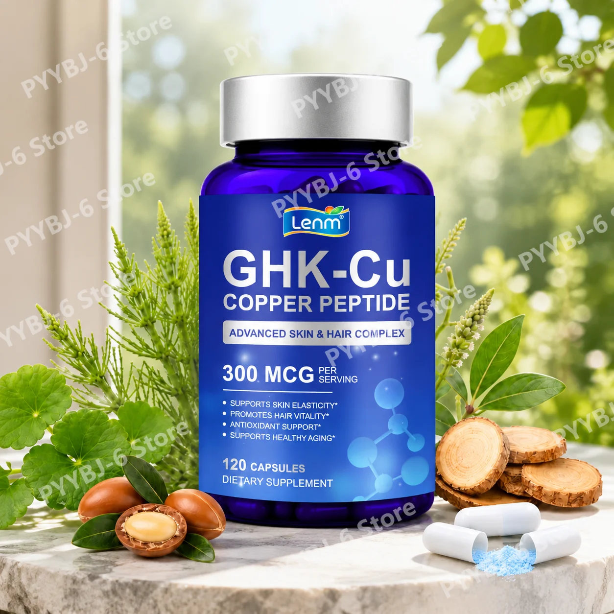 Lenm GHK-Cu Copper Peptide 300mcg Capsules - Supports Skin Elasticity Hair Vitality Antioxidant Defense & Healthy Aging 120ct