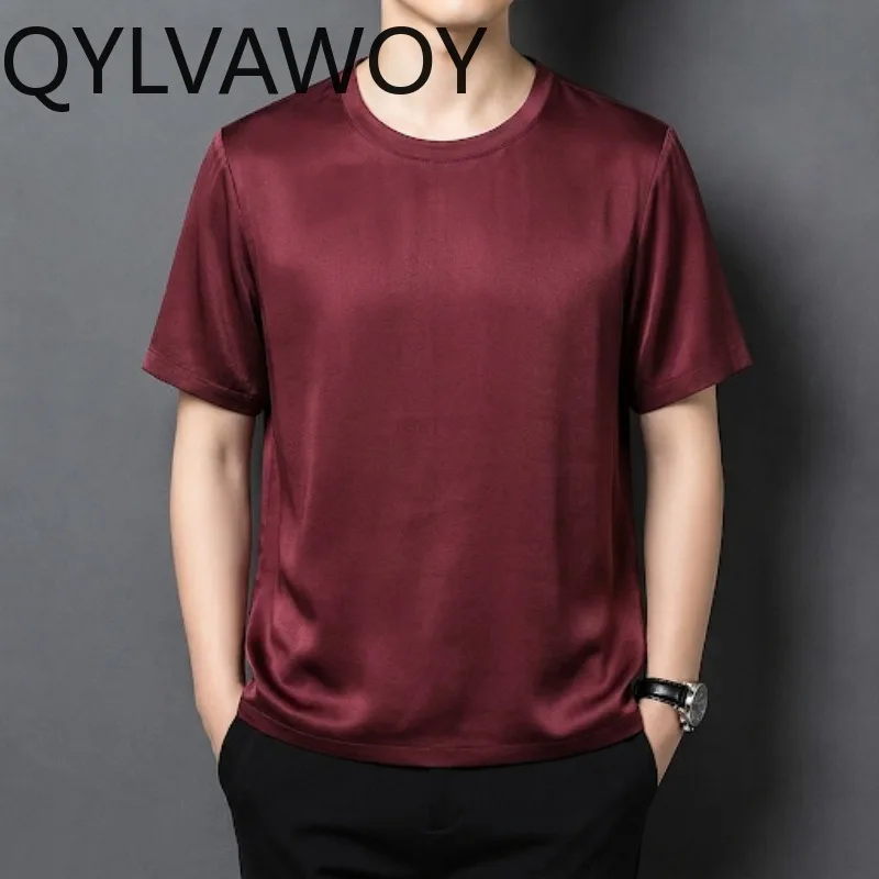 QYLVAWOY T Shirt Thin Summer Tops 100% Mulberry Silk Men's Shirts Solid Short Sleeve Shirt Loose T Shirt Homme Large Size 반팔티