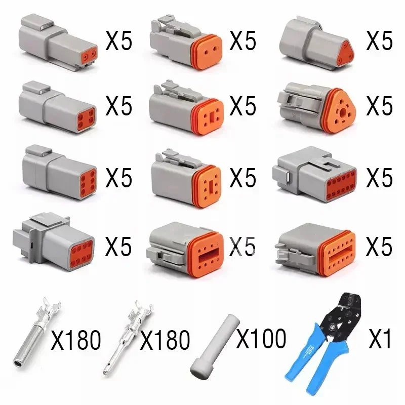 DT Series Waterproof Automotive Connector Assortment Kit 2 3 4 6 8 12 Pin Terminals Seals Repair Box with Crimping Pliers Set