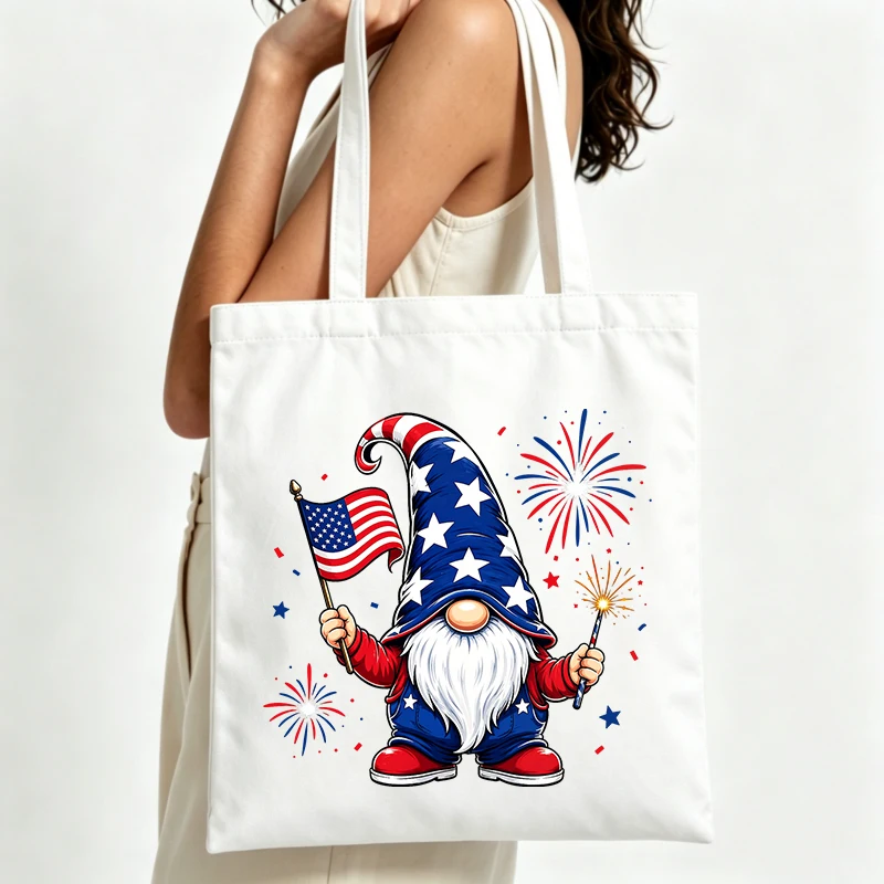 patriotic gnome graphic canvas tote bag, casual style for 4th of July celebrations and summer outings