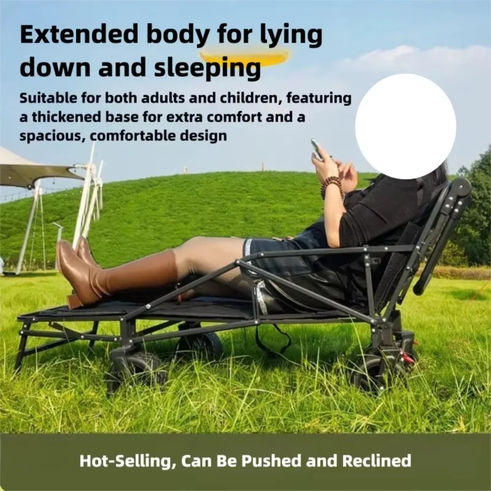 Outdoor Folding Camping Wagon Multifunctional Reclining Pushable Trolley With Tank Wheels For Beach Camp Travel