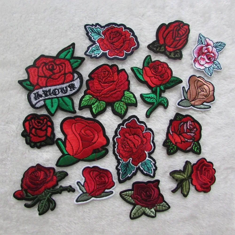 red rose flower Patches For Clothing Iron On Embroidered Appliques DIY Apparel Accessories Patches For Clothing Fabric Badges