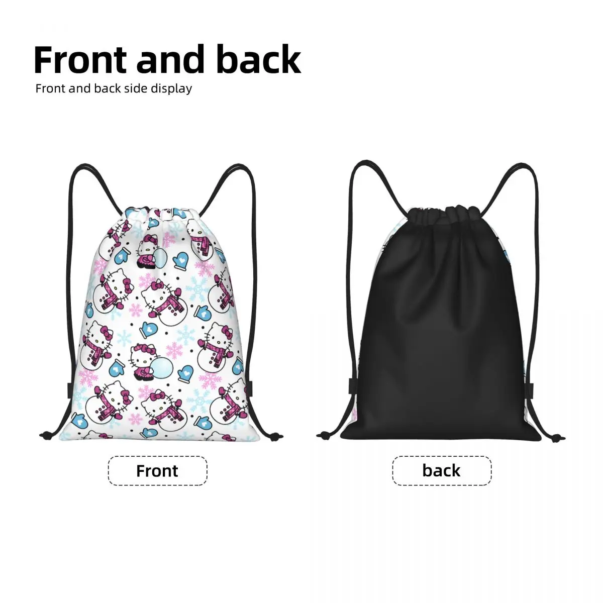 Custom Snowflake Hello Kitty Cat Drawstring Backpack Women Men Sport Gym Sackpack Portable Kitten Anime Training Bag Sack